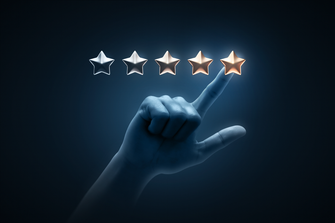 A smartphone screen showing five-star reviews and influencer endorsements for a product.